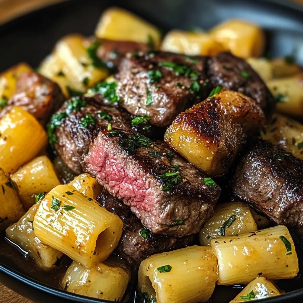 Knoblauchbutter-Steakspitzen mit käsigen Rigatoni