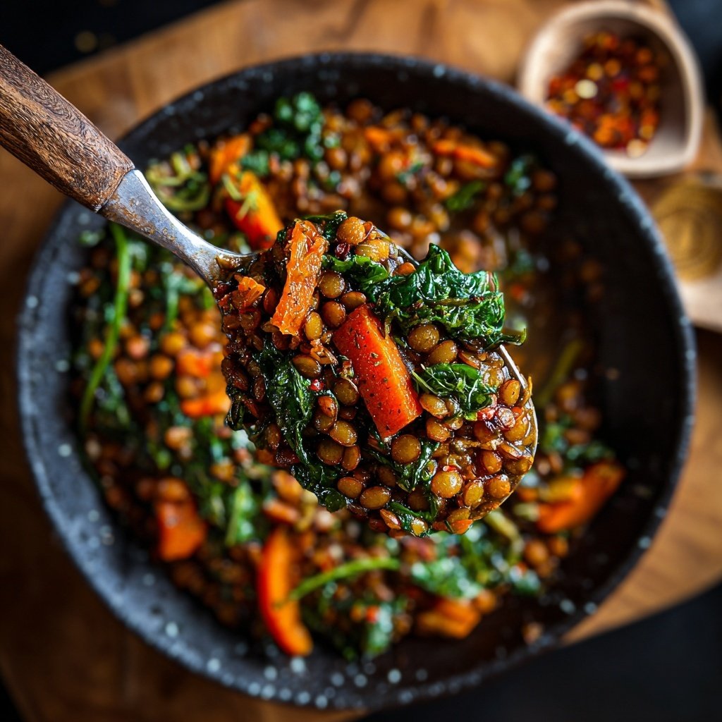 Mittagessen mit Linsen und Gemüse